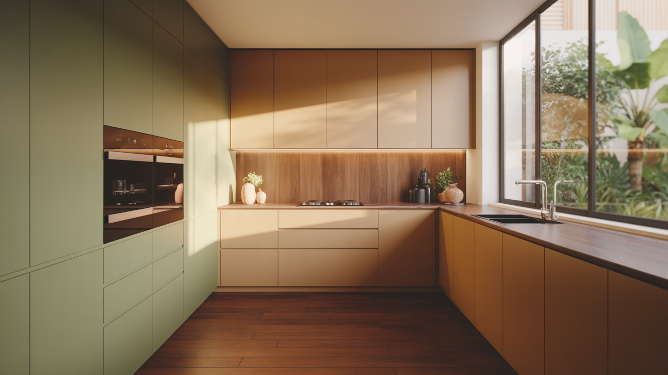 Tendências de Milão 2026: paleta bege quente com detalhes verde musgo e ferragens invisíveis.