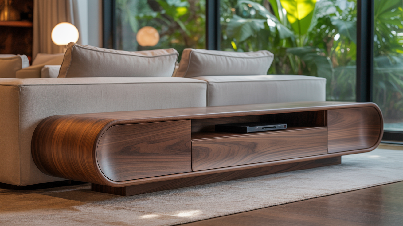 Rack orgânico com curvatura suave: funcionalidade que flui naturalmente no ambiente.